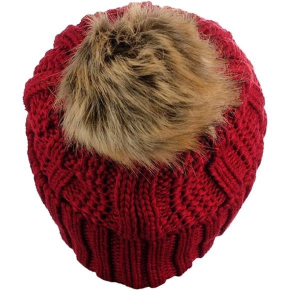 C.C Thick Cable Knit Faux Fuzzy Fur Pom Fleece Lined Skull Cap Cuff Beanie